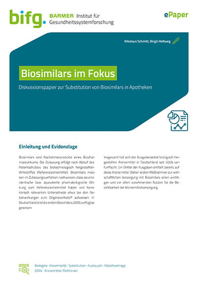 Cover Biosimilars im Fokus. Diskussionspapier zur Substitution von Biosimilars in Apotheken