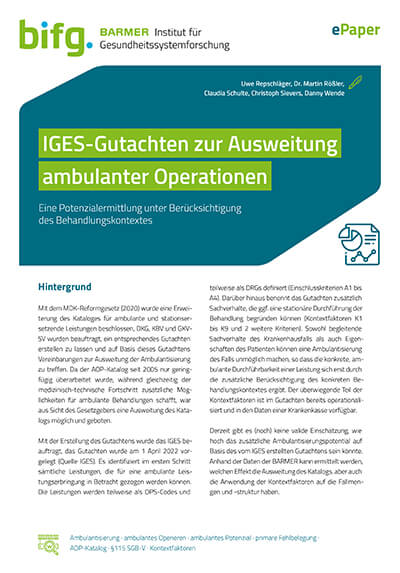 Cover IGES-Gutachten zur Ausweitung ambulanter Operationen – Eine Potenzialermittlung unter Berücksichtigung des Behandlungskontextes