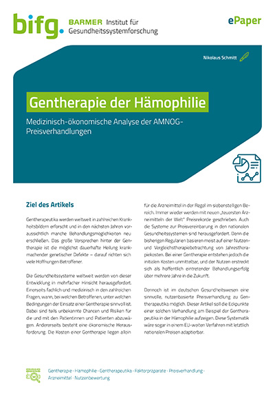 Cover Gentherapie der Hämophilie – Medizinisch-ökonomische Analyse der AMNOG-Preisverhandlungen