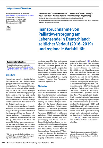Cover Inanspruchnahme von Palliativversorgung am Lebensende in Deutschland: zeitlicher Verlauf (2016–2019) und regionale Variabilität