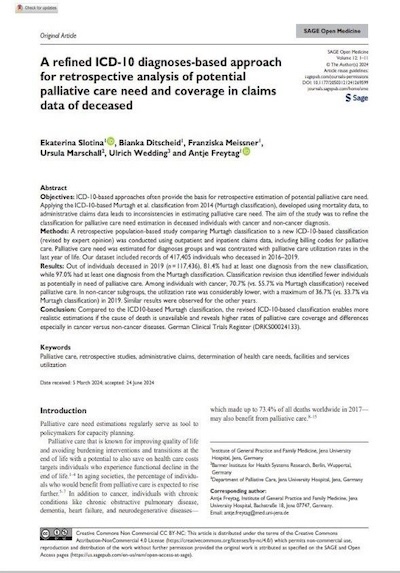 Cover
A refined ICD-10 diagnoses-based approach for retrospective analysis of potential palliative care need and coverage in claims data of deceased