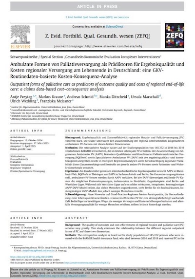 Cover Ambulante Formen von Palliativversorgung als Prädiktoren für Ergebnisqualität und Kosten regionaler Versorgung am Lebensende in Deutschland: eine GKV-Routinedaten-basierte Kosten-Konsequenz-Analyse