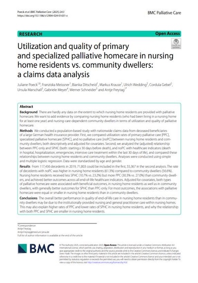 Cover Utilization and quality of primary and specialized palliative homecare in nursing home residents vs. community dwellers: a claims data analysis